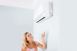 Woman Pointing To Ductless Hvac System
